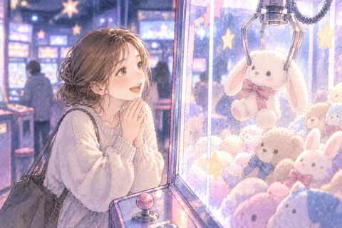 UFOキャッチャーで景品を取る女性