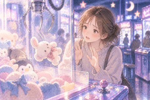 落ちた景品を悔しそうに見る女性