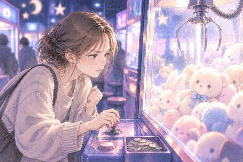 UFOキャッチャーへ何度も挑む女性