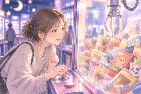 UFOキャッチャーのお菓子を狙う女性