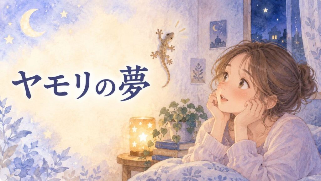 夜の部屋でヤモリを優しく見つめる大人の女性