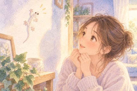 白いヤモリを穏やかに見つめる女性