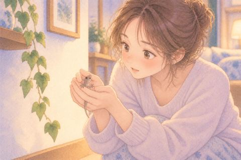 ヤモリを両手でそっと捕まえる女性