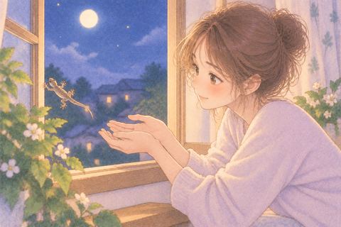 窓からヤモリを逃がす女性