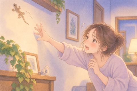 逃げるヤモリへ手を伸ばす女性