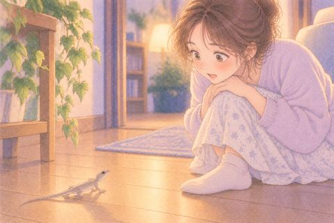 近づいてくるヤモリを見守る女性