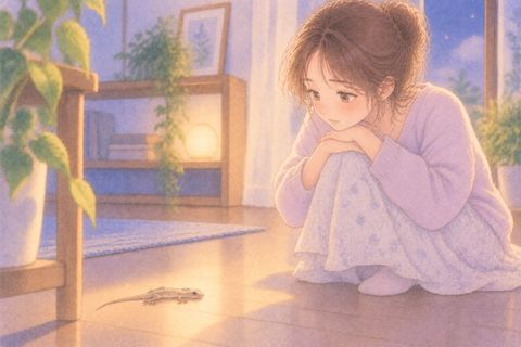 動かないヤモリを静かに見つめる女性