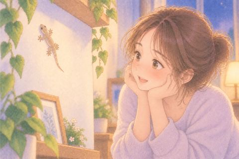 ヤモリを見つけてうれしそうな女性