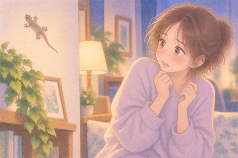 ヤモリを見て身構える女性