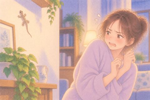 ヤモリから距離を取る女性