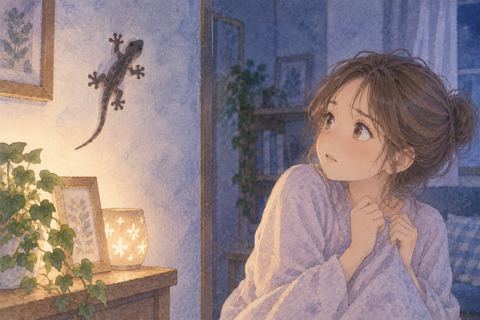 薄暗い部屋で黒いヤモリを見る女性