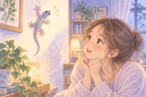 鮮やかな色のヤモリに見入る女性