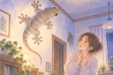 大きなヤモリを見上げる女性