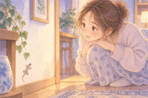 小さなヤモリを見つけて微笑む女性
