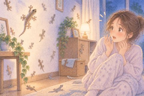 たくさんのヤモリを見て驚く女性