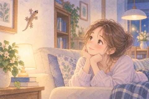リビングのヤモリを見つめる女性