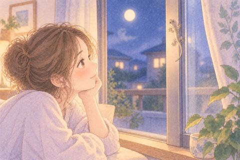窓辺のヤモリを見る女性