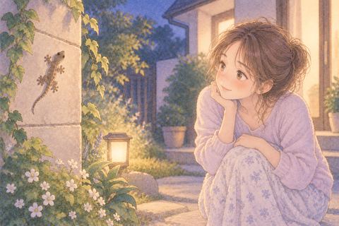 庭にいるヤモリを眺める女性