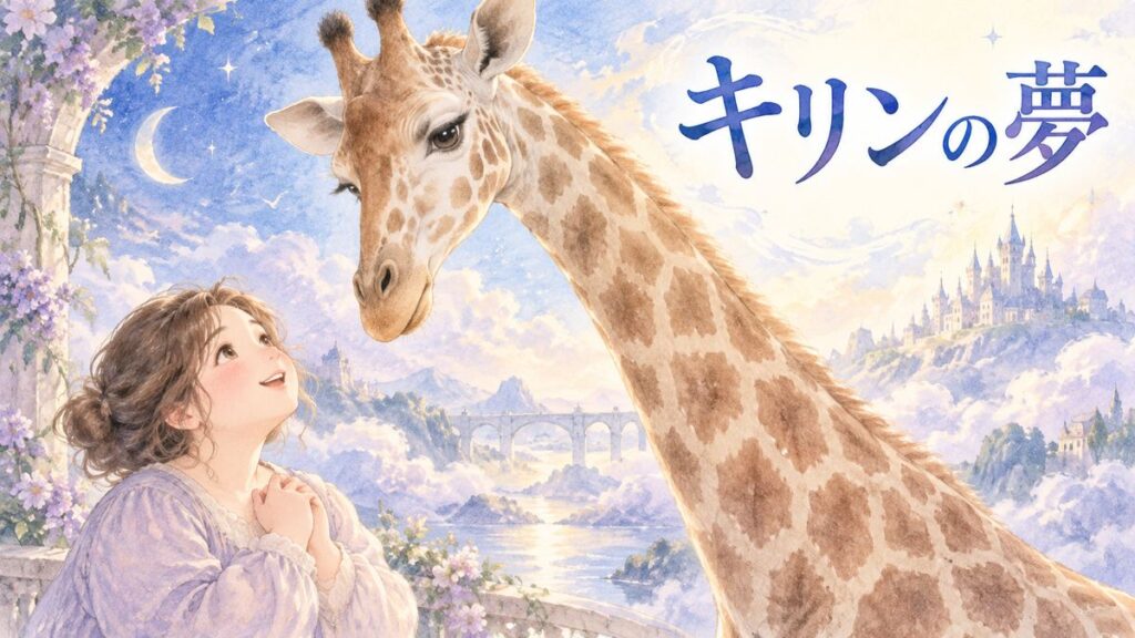 大きなキリンを見上げる大人の女性と夢の光景