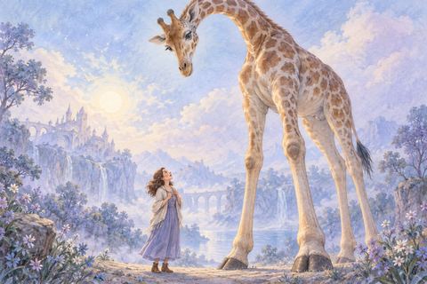 巨大なキリンを見上げて驚く大人の女性