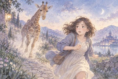 大きなキリンに追いかけられて走る大人の女性