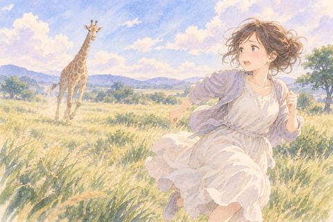 キリンから距離を取るため走って逃げる女性