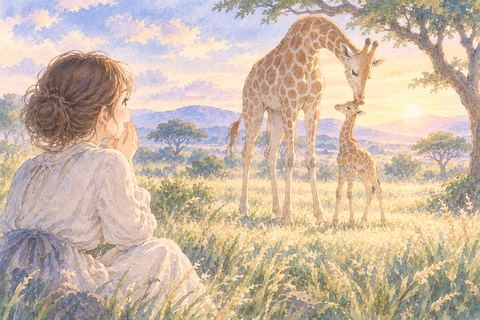 母キリンと生まれたばかりの子キリンを見守る女性