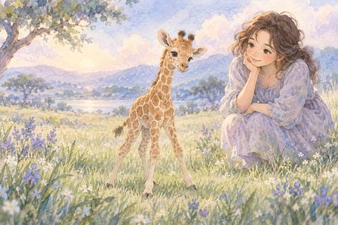 小さなキリンの赤ちゃんを優しく見守る女性
