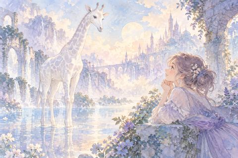 白いキリンを見つめて心惹かれる大人の女性