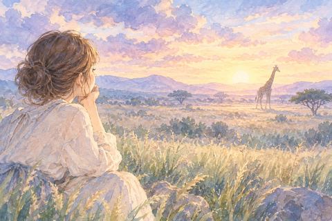 遠くのキリンを静かに眺める大人の女性