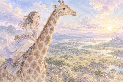 キリンの背に乗り高い景色を見る大人の女性