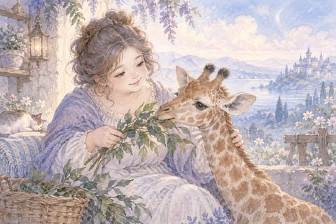 キリンに餌を与え優しく世話をする大人の女性