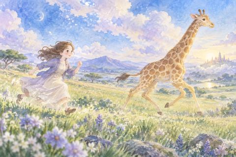 遠ざかるキリンを追いかける大人の女性
