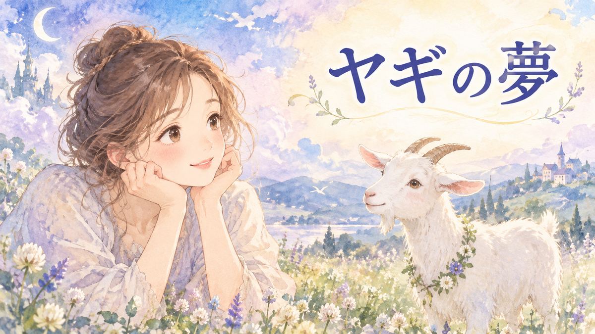 夢の草原で白いヤギを見つめる大人の女性