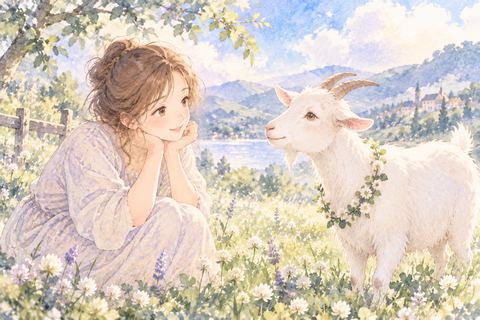 草原に立つ白いヤギを穏やかに見つめる女性