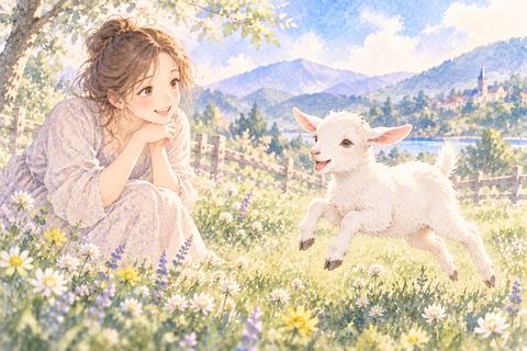 草の上を元気に跳ねる子ヤギを見る女性