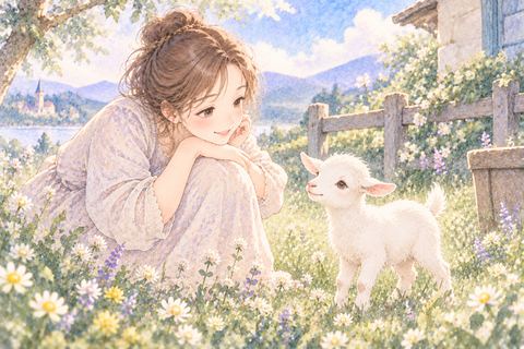 小さなヤギの赤ちゃんを優しく見守る女性