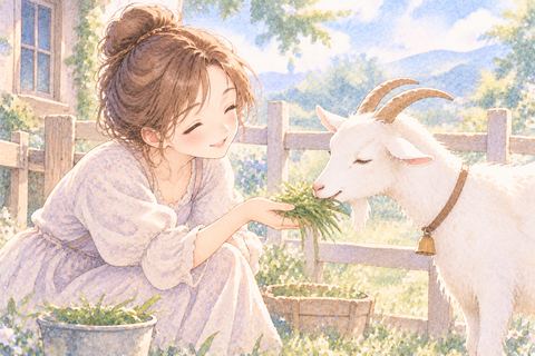 飼っているヤギに餌をあげる大人の女性