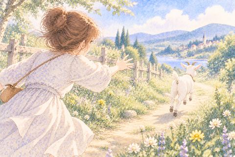 遠ざかるヤギへ手を伸ばす大人の女性