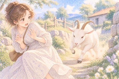 角を向けて迫るヤギから身を引く女性