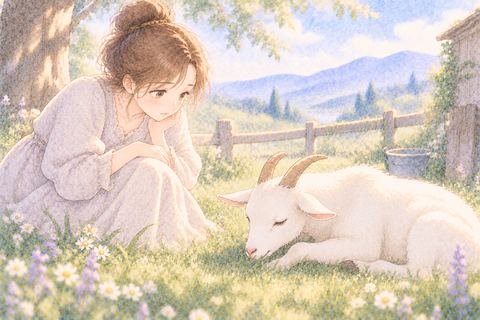 草の上で休む弱ったヤギを心配する女性