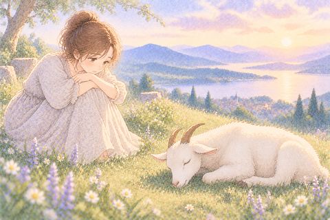 静かな光の中で動かないヤギを見つめる女性