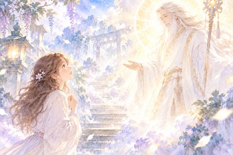 神聖な光の中で神様と出会う大人の女性