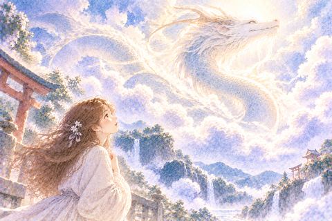 空へ昇る龍神様を見上げる大人の女性