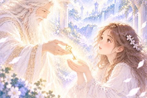 神様から光る鍵を受け取る大人の女性