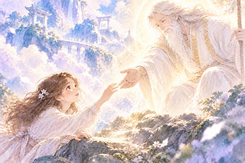 神様に手を差し伸べられる大人の女性