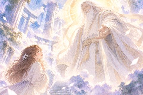 大きな神様を前に緊張する大人の女性