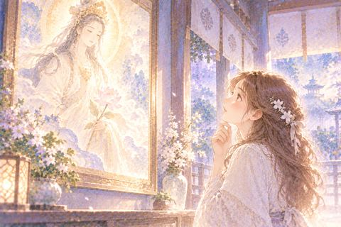 神様を描いた絵を静かに見つめる大人の女性
