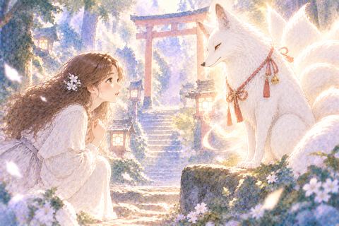 神聖な狐と向き合う大人の女性