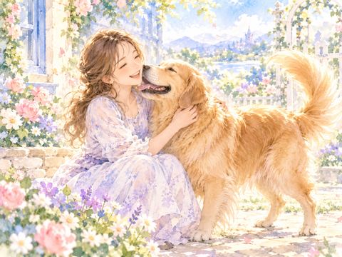 尻尾を振って女性に体を寄せるゴールデンレトリバー